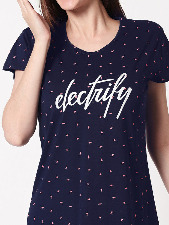 women Navy Blue Pure Cotton Printed Nightdress