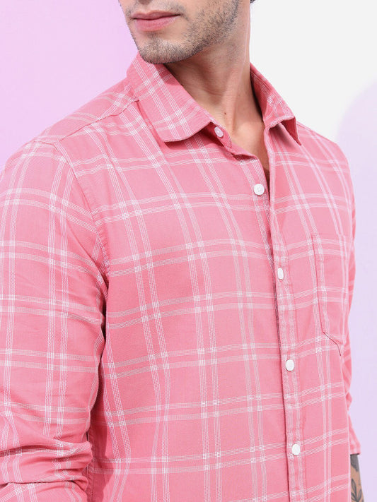 Men Checked Slim Fit Casual Shirt Pink