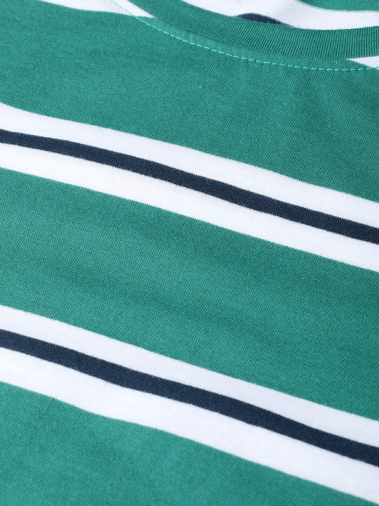 Women Green & White Pure Cotton Striped Round Neck T-shirt
