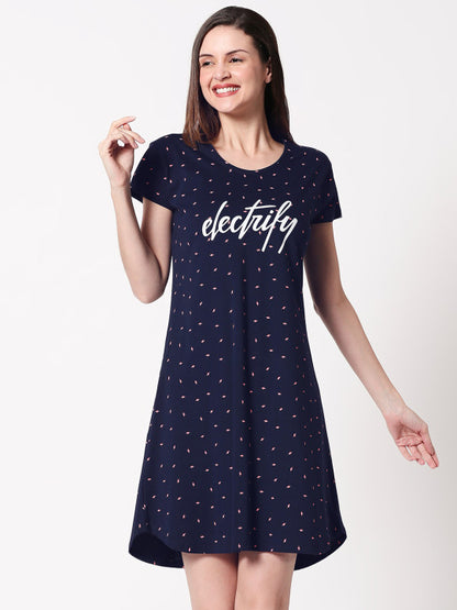 women Navy Blue Pure Cotton Printed Nightdress