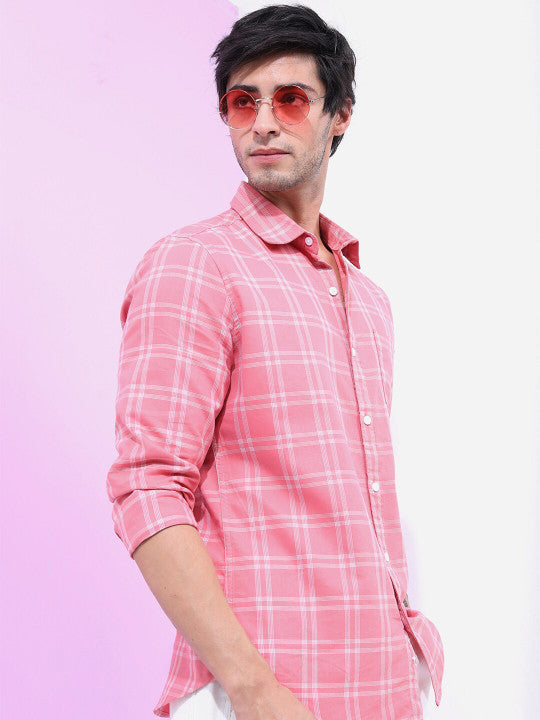 Men Checked Slim Fit Casual Shirt Pink