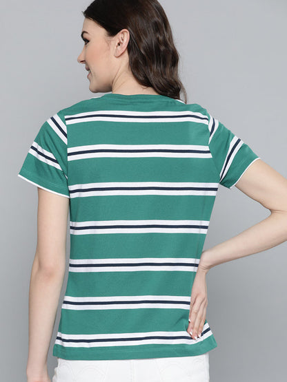 Women Green & White Pure Cotton Striped Round Neck T-shirt