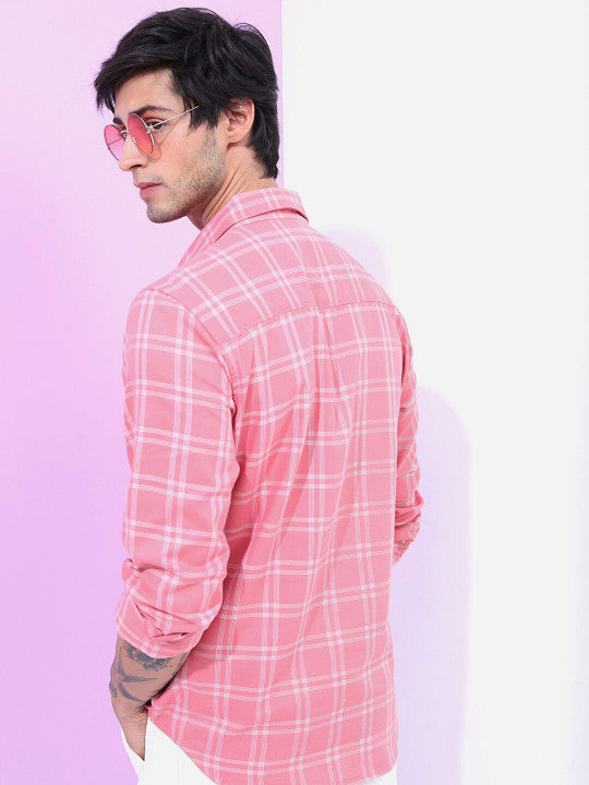 Men Checked Slim Fit Casual Shirt Pink